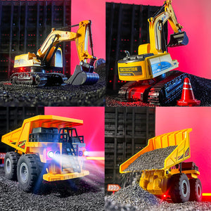 RC Excavator and Dump Truck Toy Set for Kids, 2.4Ghz 11 Channel Dual Control Remote Control Construction Vehicle