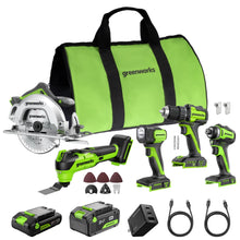 Load image into Gallery viewer, GREENWORKS 24V (5-TOOL) Combo (Drill + Impact Driver + Circular Saw + Multi-Tool + Flashlight), 4.0Ah + 2.0Ah (24,000mAh Power Bank) Batteries, (2) Cables, 65W Rapid Charger
