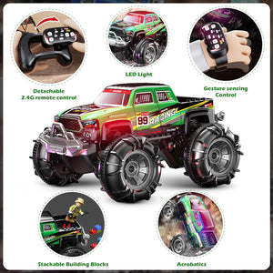 Remote Control Amphibious Monster Truck, 2.4GHz Dual Control with Watch & Controller, 360° Rotating RC Car (Green)