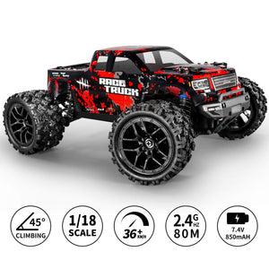 1:18 Scale All Terrain RC Car 36KM/H High Speed, 4WD Electric Vehicle,2.4 GHz Radio Controller, Included 2 Batteries (Red)