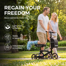 Load image into Gallery viewer, BlessReach Steerable Knee Walker Deluxe Medical Scooter for Foot Injuries Compact Crutches, with Dual Rear on-Wheel Brake and Shock Absorption Under The Knee pad, Black
