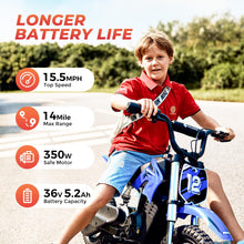Load image into Gallery viewer, A12 Electric Dirt Bike for Kids, 36V 350W Electric Motorcycle for Kids Ages 3-10, Up to 15.5MPH &amp; 14 Miles Long-Range
