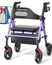 Load image into Gallery viewer, HOMLAND Foldable Rollator Walkers with Seat for Seniors, 8'' Big Wheels, 350 lb. Weight Capacity, Adjustable Handles and Seat Height, Lightweight Rolling Walker, Purple
