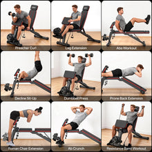 Load image into Gallery viewer, JOROTO Adjustable Weight Bench for Home Gym, 1000 LBS Foldable Incline Decline Flat Workout Bench with Leg Extension &amp; Back Extension, Exercise Preacher Curl Bench for Full Body Training, Red MD55
