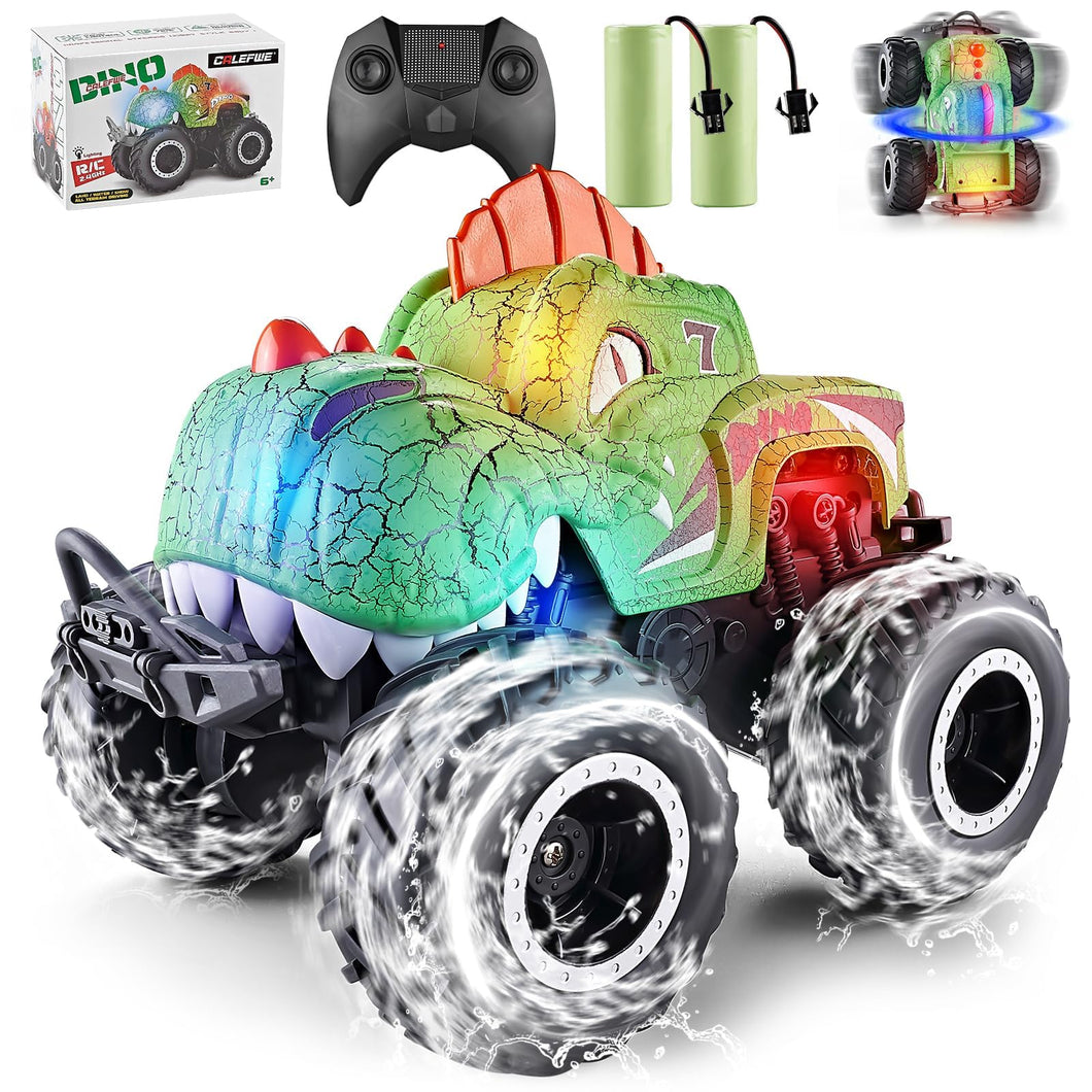 Amphibious Monster Truck Toys, 1:20 Waterproof Dinosaur Monster Trucks for Boys Age 4-7, 2.4GHz All Terrain RC Cars with 2 Batteries