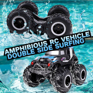Amphibious Remote Control Cars, 1/20 Stunt RC Rock Crawler Monster Truck Toy with Two Alternative Rechargeable Batteries, Blue