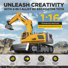 Load image into Gallery viewer, 21&quot; Large Remote Control Excavator Toy with Metal Bucket &amp; Dozer Blade, 15-Channel RC Excavator Toys, 120+Mins/Spray/Sound/Light
