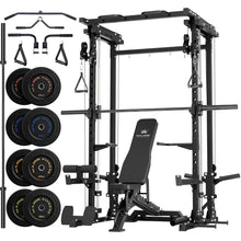 Load image into Gallery viewer, MAJOR FITNESS Drone3 Smith Machine, 2500lbs All-in-One Home Gym Power Rack with Dual Pulley System for Cable Crossover, Pull-Up Bars (D3SMS-BK (with Bench Elite BLK &amp; 230LB BLK BP &amp; Bar))
