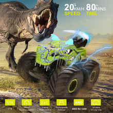 Load image into Gallery viewer, Remote Control Dinosaur Car Toys for Kid Boys, 2.4GHz RC Monster Truck Toys with Spray, Light, Sound (Green)
