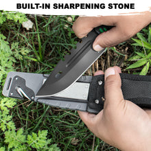 Load image into Gallery viewer, Naifu Bushcraft 6-in-1 Survival Knife — Full Tang Fixed Blade Hunting Knife with Sheath, 4.33 Inch Drop Point Blade, Built-in Sharpening Stone, Ferro Rod Fire Starter, Whistle, Glass Breaker &amp; Paracord — Camping, Bushcraft, EDC Gear
