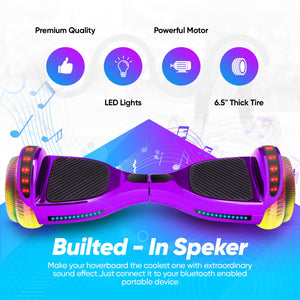6.5” Hoverboard for Kids Ages 6-12, Bluetooth Hover Board with Tunnel Light Style Wheels & Non-slip Footpads, UL2272 Safety Certified (Purple)