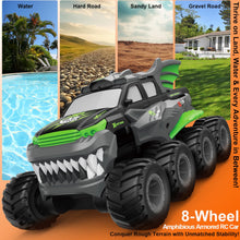 Load image into Gallery viewer, Amphibious Remote Control Car 8WD RC Monster Truck with 2 Rechargeable Batteries for Boys Age 8-12 Offroad Waterproof, Green
