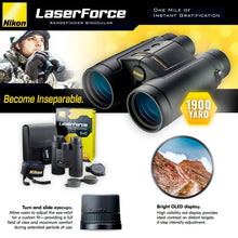 Load image into Gallery viewer, Nikon LaserForce 10x42 Rangefinder Binocular - 10-1900 Yard Range Waterproof Fogproof Precision Distance Measuring Hunting Binoculars - Fully Multicoated Lenses, Bright Display - Tripod Adaptable
