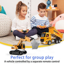 Load image into Gallery viewer, Remote Control Excavator and Dump Truck Toy Set - RC Construction Vehicles Toy with Barricades, Road Signs, Simulated Rocks
