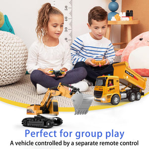 Remote Control Excavator and Dump Truck Toy Set - RC Construction Vehicles Toy with Barricades, Road Signs, Simulated Rocks