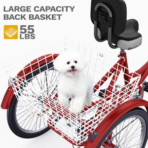 24 26 Inch Adult Tricycle, Single Speed 7-Speed 3-Wheel Bike for Adults, Trike for Women Men with Detachable Front and Rear Baskets