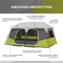 Load image into Gallery viewer, CORE 10 Person Instant Cabin Tent | Large Multi Room Family Pop Up Tent for 2 Minute Camp Setup | Included Storage Pockets for Camping Accessories
