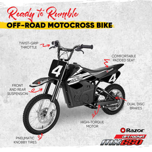 Dirt Rocket Off-Road Motocross Bike–36V Electric Ride-On, Up to 17 mph, Front & Rear Suspension, Hand-Operated Dual Brakes