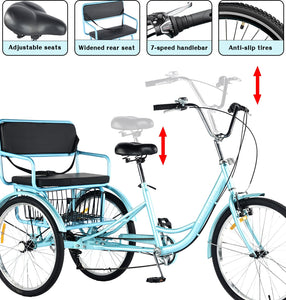 Adult Tricycle 7 Speed, Adult Tricycle with Rear seat for Ladies，24in 3-Wheel Bikes, Trike for Adults (Blue)