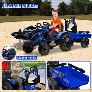 3 in 1 Kids Ride on Tractor, Excavator & Bulldozer, 24V Electric Tractor w/Trailer, Digger, Shovel Bucket, Blue