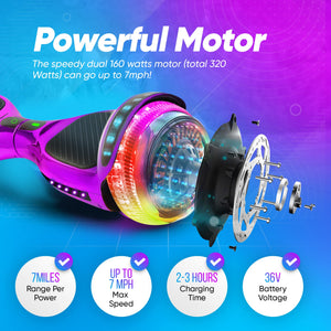 6.5” Hoverboard for Kids Ages 6-12, Bluetooth Hover Board with Tunnel Light Style Wheels & Non-slip Footpads, UL2272 Safety Certified (Purple)