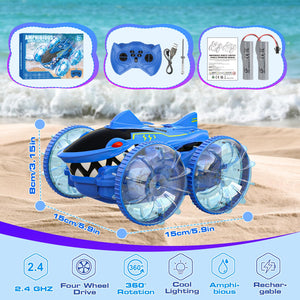 Amphibious Remote Control Car 4WD Waterproof 2.4Ghz Fast Stunt RC Car 360° Rotating with Lights Xmas Gifts