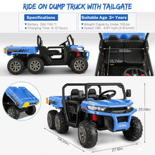 Load image into Gallery viewer, Two Seater Ride on Cars for Kids, 6x6 24V Kids UTV with Dump Bed &amp; Shovel, 6 EVA Tires, Spring Suspension, LED Light, Music, Blue
