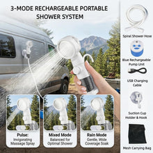 Load image into Gallery viewer, Cprnru Portable Shower for Camping, Rechargeable Camping Shower Pump with 3 Spray Modes, Outdoor Shower Kit with Suction Mount &amp; Mesh Bag for Travel, Pet Bath, RV Car Wash, Backyard Watering
