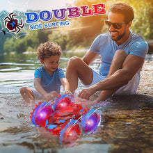 Load image into Gallery viewer, Amphibious Remote Control Car for Kids with LED Lights, RC Boats for Boys Age 6 7 8 9 10 11 12, 2.4GHz 4WD Spide RC Stunt Car
