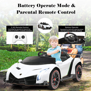 2-Seater Ride on Car, Licensed Lamborghini Poison, 12V Battery Powered Kids Car w/ 2.4G Remote Control, 3 Speed, White