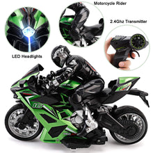Load image into Gallery viewer, 2.4G RC Remote Control Stunt Motorcycle with Riding Figure, 1:10 Scale High Speed Cross Country 360 Degree Rotation Green)
