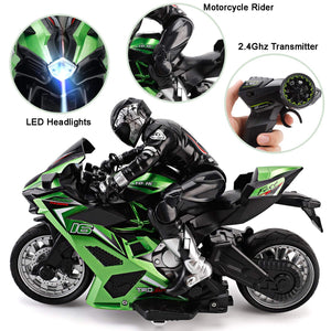 2.4G RC Remote Control Stunt Motorcycle with Riding Figure, 1:10 Scale High Speed Cross Country 360 Degree Rotation Green)
