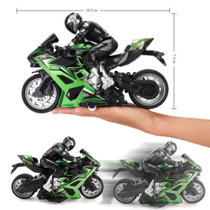 2.4G RC Remote Control Stunt Motorcycle with Riding Figure, 1:10 Scale High Speed Cross Country 360 Degree Rotation Green)