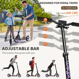 Kick Scooter for Ages 6+,Kid, Teens & Adults. Max Load 240 LBS. Foldable, Lightweight, 8IN Big Wheels for Kids, Teen and Adults
