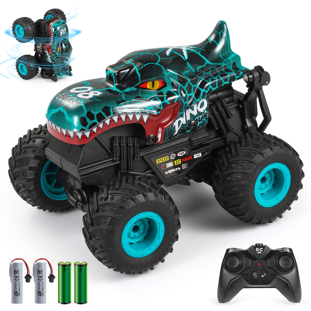 Remote Control Car, 2.4Ghz All Terrain Dinosaur Monster Truck Toys, RC Truck with Music, 3 Lighting Effects, 360 Stunt (Cyan)