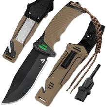 Load image into Gallery viewer, Naifu Bushcraft 6-in-1 Survival Knife — Full Tang Fixed Blade Hunting Knife with Sheath, 4.33 Inch Drop Point Blade, Built-in Sharpening Stone, Ferro Rod Fire Starter, Whistle, Glass Breaker &amp; Paracord — Camping, Bushcraft, EDC Gear
