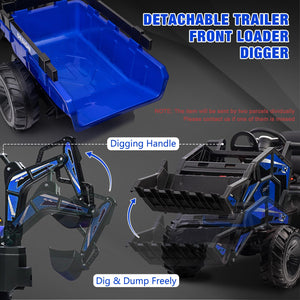 3 in 1 Kids Ride on Tractor, Excavator & Bulldozer, 24V Electric Tractor w/Trailer, Digger, Shovel Bucket, Blue