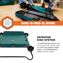 Load image into Gallery viewer, Disc-O-Bed Extra Large Portable Bunk Camping Cots with Carry Bags - Heavy-Duty Indoor or Outdoor Sleeping System, Converts to Bench or Separate Beds, 500 lb Weight Capacity Per Cot, Green
