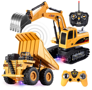 2 PCS Remote Control Construction Vehicle Toy Set, Friction-Powered RC Excavator & RC Dump Truck with Lights and Sounds