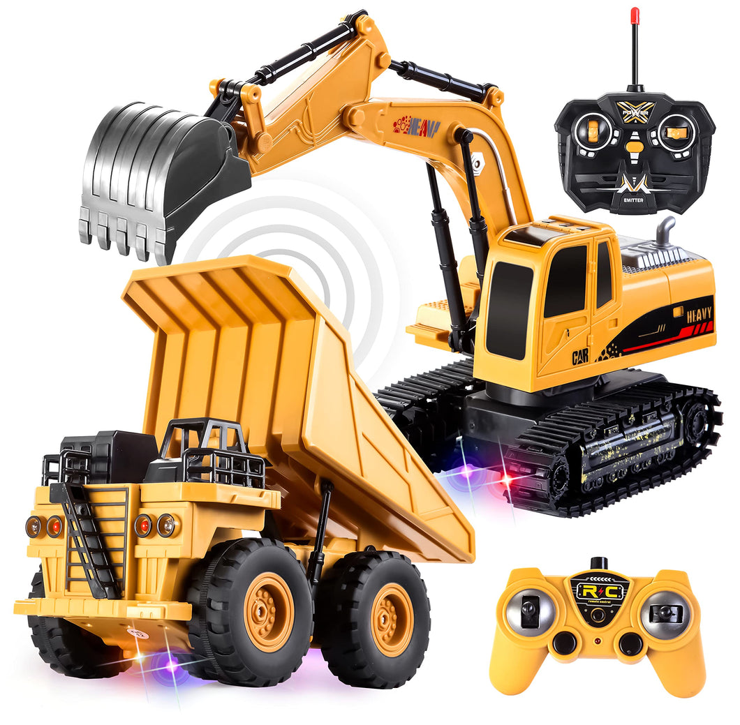 2 PCS Remote Control Construction Vehicle Toy Set, Friction-Powered RC Excavator & RC Dump Truck with Lights and Sounds