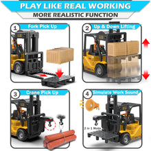 Load image into Gallery viewer, RC Forklift Toy with Trailer, Kids Forklift Construction Toys Set with Flatbed Truck &amp; Crane Toy Hook, 2 Battery/Spray/Light
