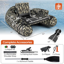 Load image into Gallery viewer, Goplus Inflatable Float Tube, Fishing Belly Boat with Fish Ruler, Pump, Storage Bag, Adjustable Straps, Fishing Float Tube for Angling, 350LBS Load Capacity (Large Camouflage, W/Rod Holder)
