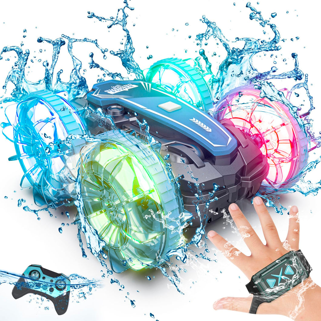 Amphibious Remote Control Car Boat, 4WD Gesture RC Car with Waterproof Remote Control, RC Stunt Car with LED Lights