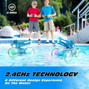 Amphibious Remote Control Car Boat for Kids, 2.4GHz 4WD Water Squirt RC Stunt Car with LED Lights, 45-Minute Playtime