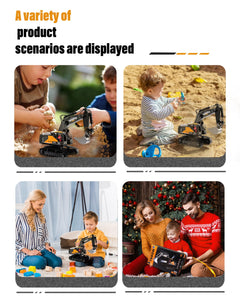 Remote Control Excavator Construction Toys for Boys, 16 Channel RC Engineering Vehicle with Metal Shovel & Light, 2.4G 1/16 Scale
