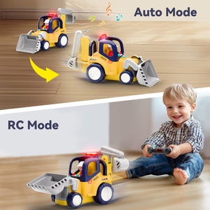 Remote Control Construction Truck Toy for Toddlers 2-4, Baby RC Car Toys W/Light Sound, Backhoe Loader Play Vehicle