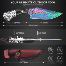 Load image into Gallery viewer, Premium Hunting Knife with Leather Sheath, 4.2" Damascus Style Fixed Blade Knife, Rainbow Titanium Coated German High Carbon Steel, Two-Tone Wood Handle,Unique Outdoor EDC Knife Gift for Men and Women (Dazzling colors) (Rainbow-color)
