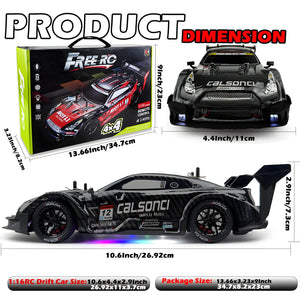 1:16 RC Drift Car 2.4GHz Spray 4WD LED Lights 30+KM/H High Speed Remote Control Car 2 Batteries 60Min Infinitely (Black 1:16)