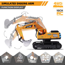 Load image into Gallery viewer, Remote Control Excavator Construction Toys for Boys, 16 Channel RC Engineering Vehicle with Metal Shovel &amp; Light, 2.4G 1/16 Scale

