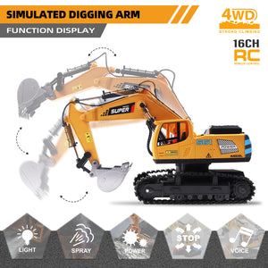 Remote Control Excavator Construction Toys for Boys, 16 Channel RC Engineering Vehicle with Metal Shovel & Light, 2.4G 1/16 Scale